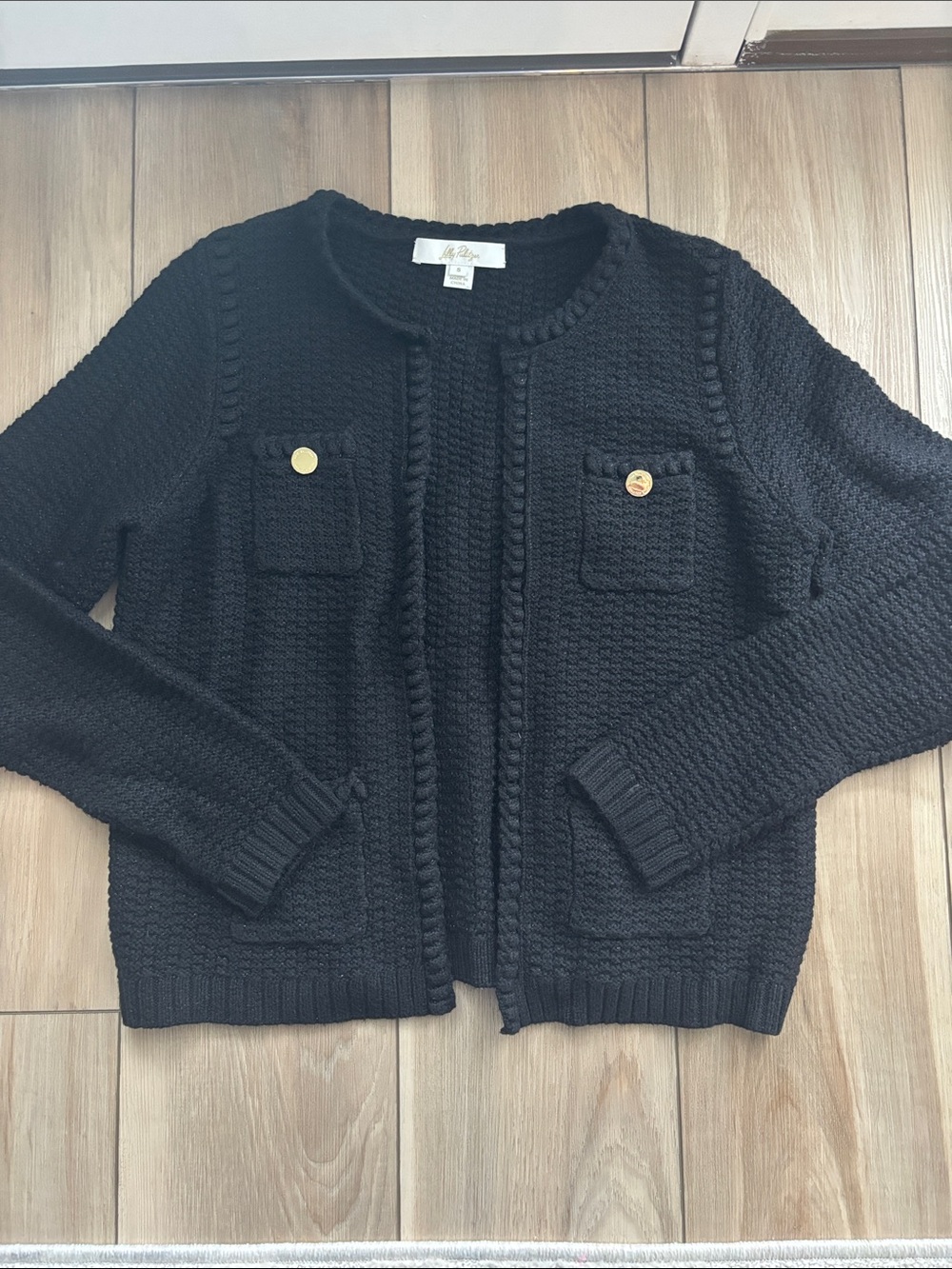 Lilly Pulitzer Black Textured Knit Pocket Cardigan Sweater